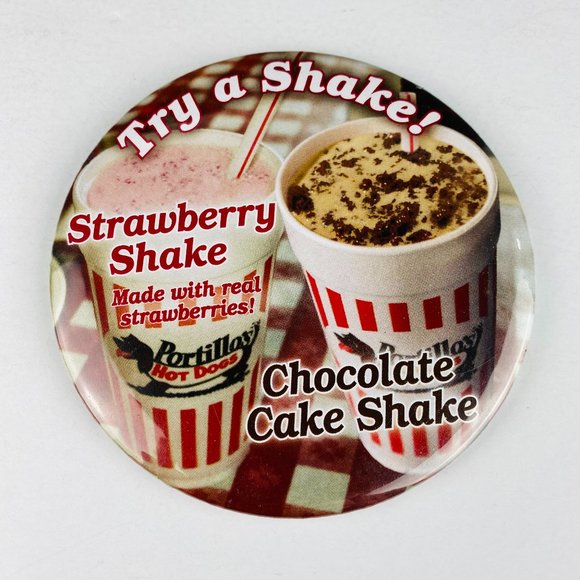 Portillo's Strawberry & Chocolate Cake Shake Pin Button Flare Restaurant Wear - Picture 1 of 2